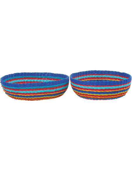 Lot de 2 Grands Bols déco africain Rond Papier Multicolore Tressé Motif lignes Bambara 