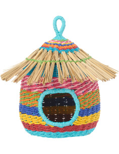 Grand Nichoir oiseau africain Rond H 30 cm Jonc de mer Naturel Papier Multicolore Tressé Motif lignes Bambara 
