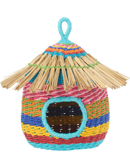 Grand Nichoir oiseau africain Rond H 30 cm Jonc de mer Naturel Papier Multicolore Tressé Motif lignes Bambara