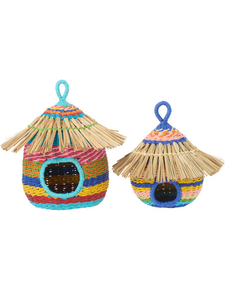 Grand Nichoir oiseau africain Rond H 30 cm Jonc de mer Naturel Papier Multicolore Tressé Motif lignes Bambara