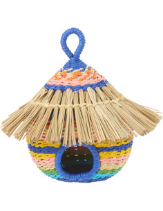 Nichoir oiseau africain Rond 22 cm Jonc de mer Naturel Papier Multicolore Tressé Motif lignes Bambara 