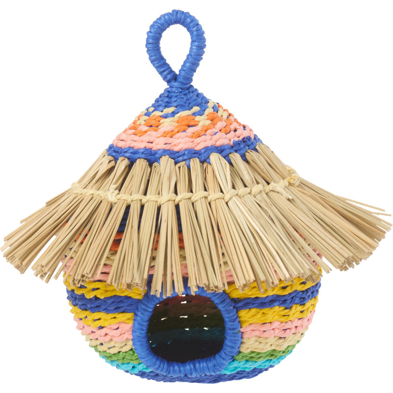 Nichoir oiseau africain Rond 22 cm Jonc de mer Naturel Papier Multicolore Tressé Motif lignes Bambara 