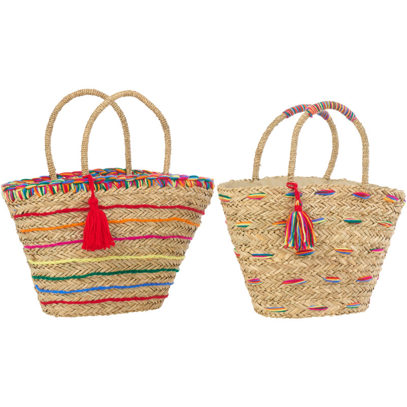 Lot de 2 Paniers bohème chic Jonc de mer Naturel Tressé Motif lignes Kalimba 