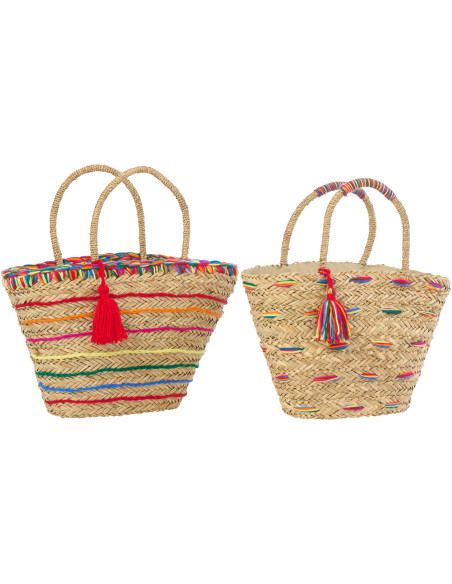 Lot de 2 Paniers bohème chic Jonc de mer Naturel Tressé Motif lignes Kalimba 