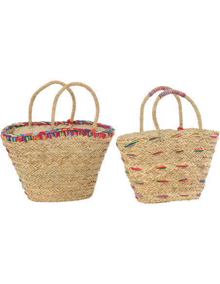 Lot de 2 Paniers bohème chic Jonc de mer Naturel Tressé Motif lignes Kalimba 