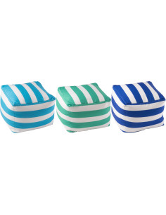 Lot de 3 poufs extérieurs bord de mer Carré 45 cm Tissu Azur Vert Bleu Blanc Motif rayures Playana 