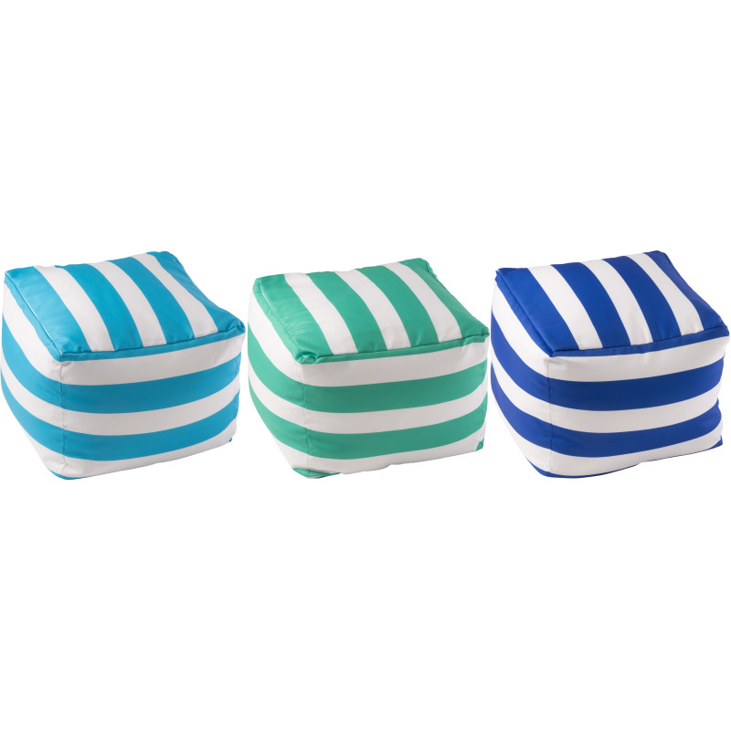 Lot de 3 poufs extérieurs bord de mer Carré 45 cm Tissu Azur Vert Bleu Blanc Motif rayures Playana 