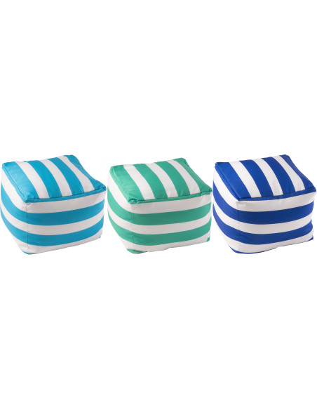 Lot de 3 poufs extérieurs bord de mer Carré 45 cm Tissu Azur Vert Bleu Blanc Motif rayures Playana 