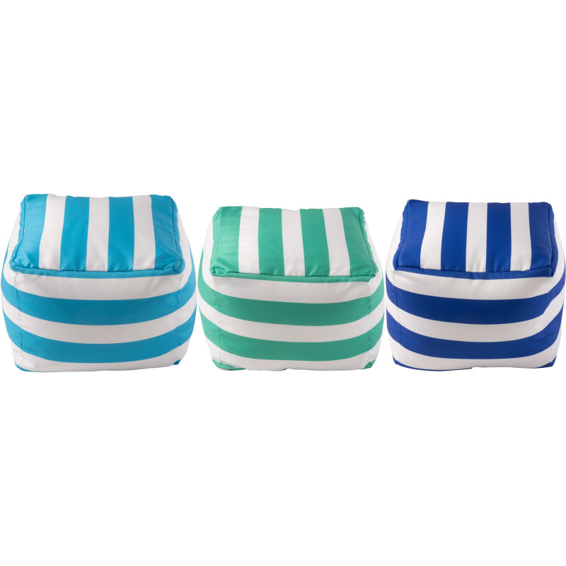 Lot de 3 poufs extérieurs bord de mer Carré 45 cm Tissu Azur Vert Bleu Blanc Motif rayures Playana 