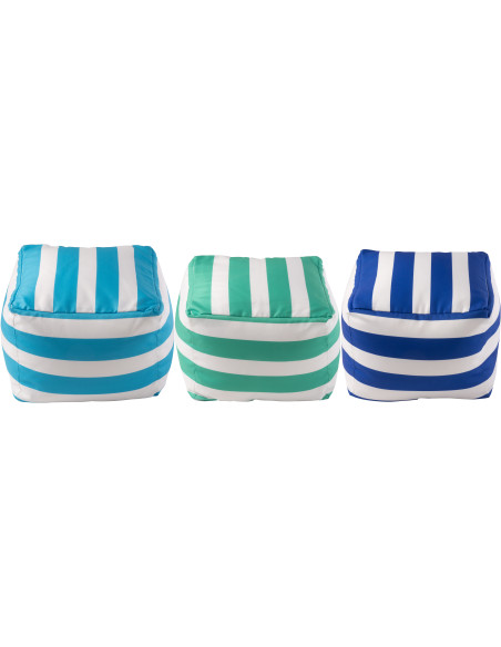Lot de 3 poufs extérieurs bord de mer Carré 45 cm Tissu Azur Vert Bleu Blanc Motif rayures Playana 