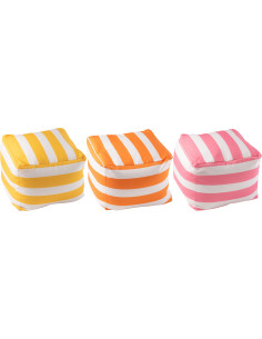 Lot de 3 poufs extérieurs bord de mer Carré 45 cm Tissu Jaune Orange Rose Blanc Motif rayures Playana 