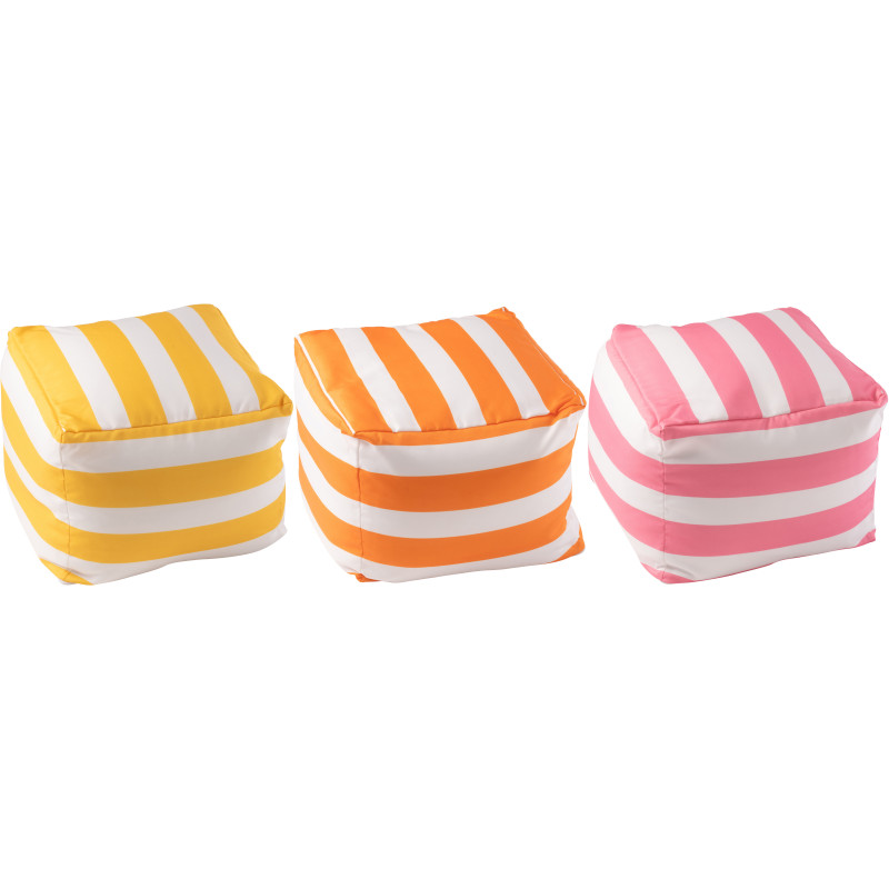 Lot de 3 poufs extérieurs bord de mer Carré 45 cm Tissu Jaune Orange Rose Blanc Motif rayures Playana 