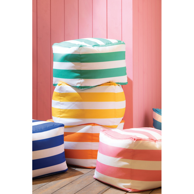 Lot de 3 poufs extérieurs bord de mer Carré 45 cm Tissu Jaune Orange Rose Blanc Motif rayures Playana 