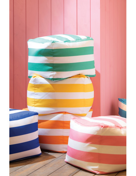 Lot de 3 poufs extérieurs bord de mer Carré 45 cm Tissu Jaune Orange Rose Blanc Motif rayures Playana 
