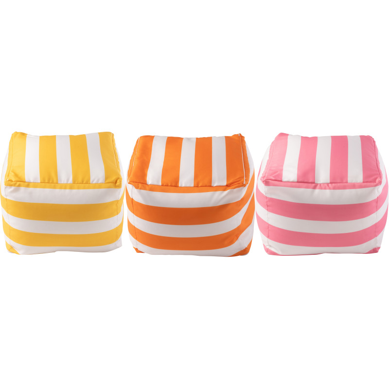 Lot de 3 poufs extérieurs bord de mer Carré 45 cm Tissu Jaune Orange Rose Blanc Motif rayures Playana 