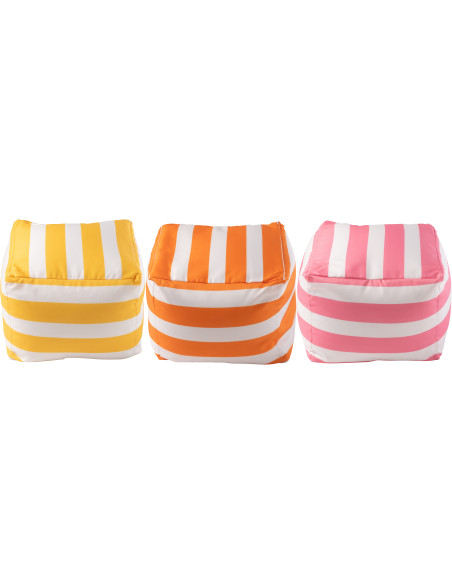 Lot de 3 poufs extérieurs bord de mer Carré 45 cm Tissu Jaune Orange Rose Blanc Motif rayures Playana 