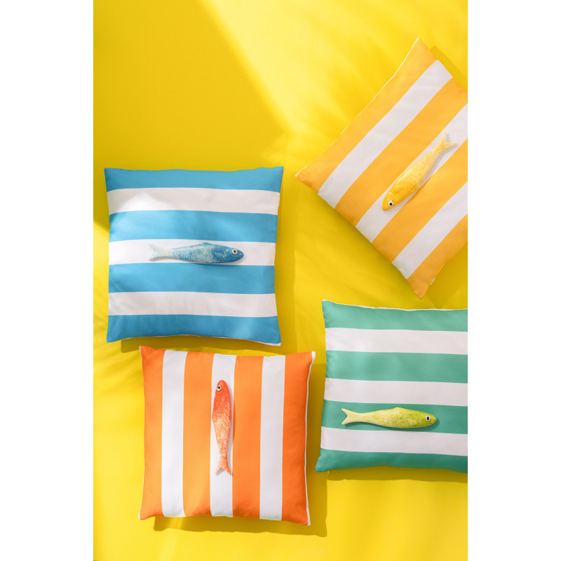 Lot de 3 Coussins extérieurs bord de mer Carré 45x45 Tissu Jaune Orange Rose Blanc Motif rayures Playana 