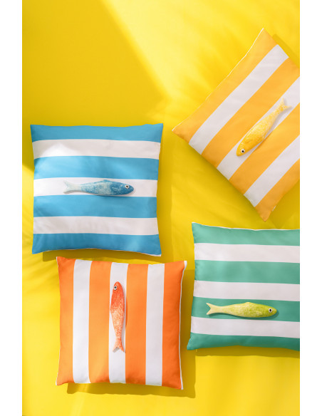 Lot de 3 Coussins extérieurs bord de mer Carré 45x45 Tissu Jaune Orange Rose Blanc Motif rayures Playana 