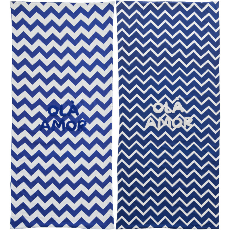Lot de 2 Serviette de plage style méditerrannéen 80x180 Coton Bleu foncé Blanc Motif zigzag Ola Amor 