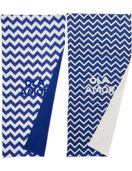 Lot de 2 Serviette de plage style méditerrannéen 80x180 Coton Bleu foncé Blanc Motif zigzag Ola Amor 