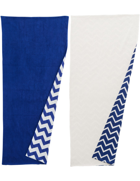 Lot de 2 Serviette de plage style méditerrannéen 80x180 Coton Bleu foncé Blanc Motif zigzag Ola Amor 