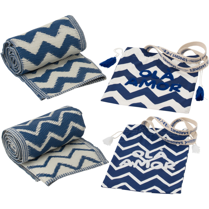 Lot de 2 Tapis de plage style méditerrannéen Rectangulaire 90x180 Polypropylène Bleu foncé Blanc Motif zigzag Ola Amor 