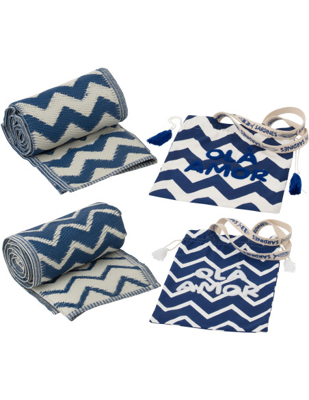 Lot de 2 Tapis de plage style méditerrannéen Rectangulaire 90x180 Polypropylène Bleu foncé Blanc Motif zigzag Ola Amor 