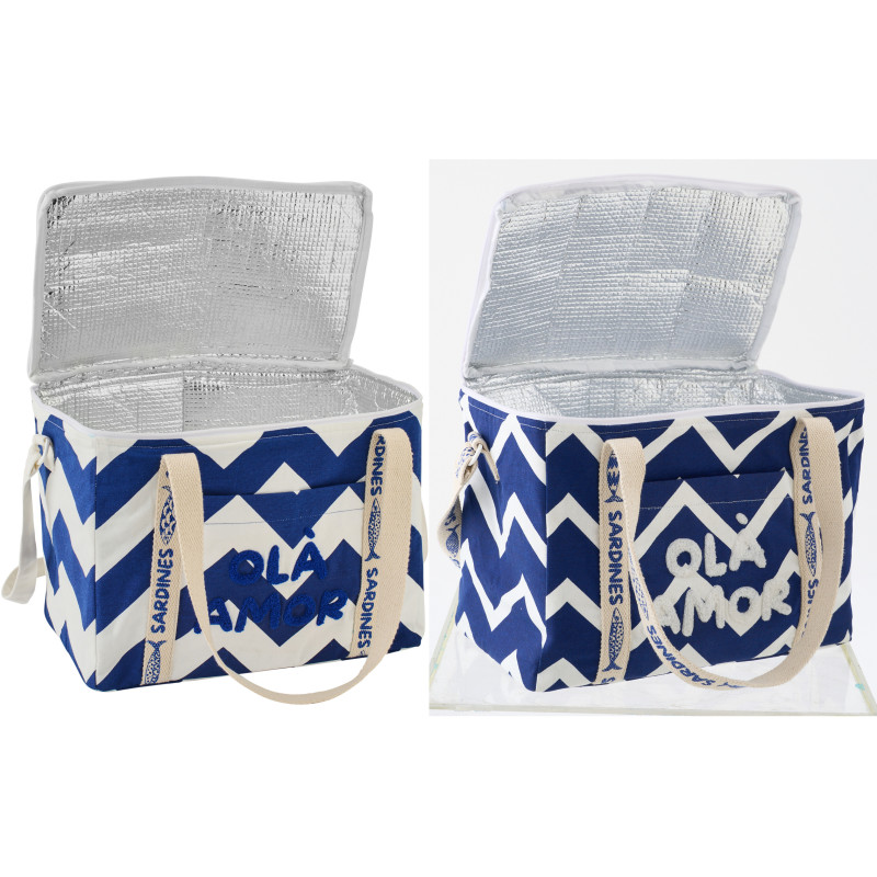 Lot de 2 Sacs repas isothermes style méditerrannéen Rectangulaire 33 cm Coton Bleu foncé Blanc Motif zigzag Ola Amor 