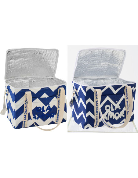 Lot de 2 Sacs repas isothermes style méditerrannéen Rectangulaire 33 cm Coton Bleu foncé Blanc Motif zigzag Ola Amor 