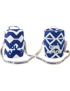 Lot de 2 Sacs repas isothermes style méditerrannéen Rond H 25 cm Coton Bleu foncé Blanc Motif zigzag Ola Amor 