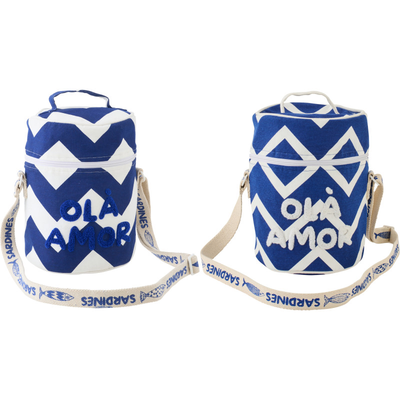Lot de 2 Sacs repas isothermes style méditerrannéen Rond H 25 cm Coton Bleu foncé Blanc Motif zigzag Ola Amor 