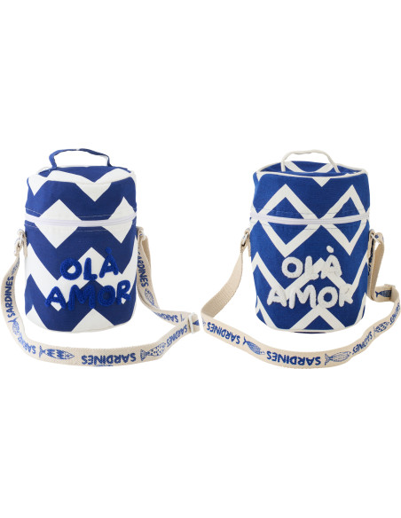 Lot de 2 Sacs repas isothermes style méditerrannéen Rond H 25 cm Coton Bleu foncé Blanc Motif zigzag Ola Amor 