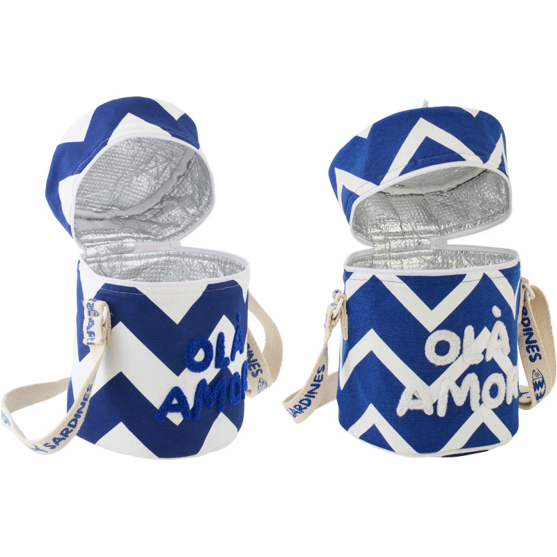 Lot de 2 Sacs repas isothermes style méditerrannéen Rond H 25 cm Coton Bleu foncé Blanc Motif zigzag Ola Amor 