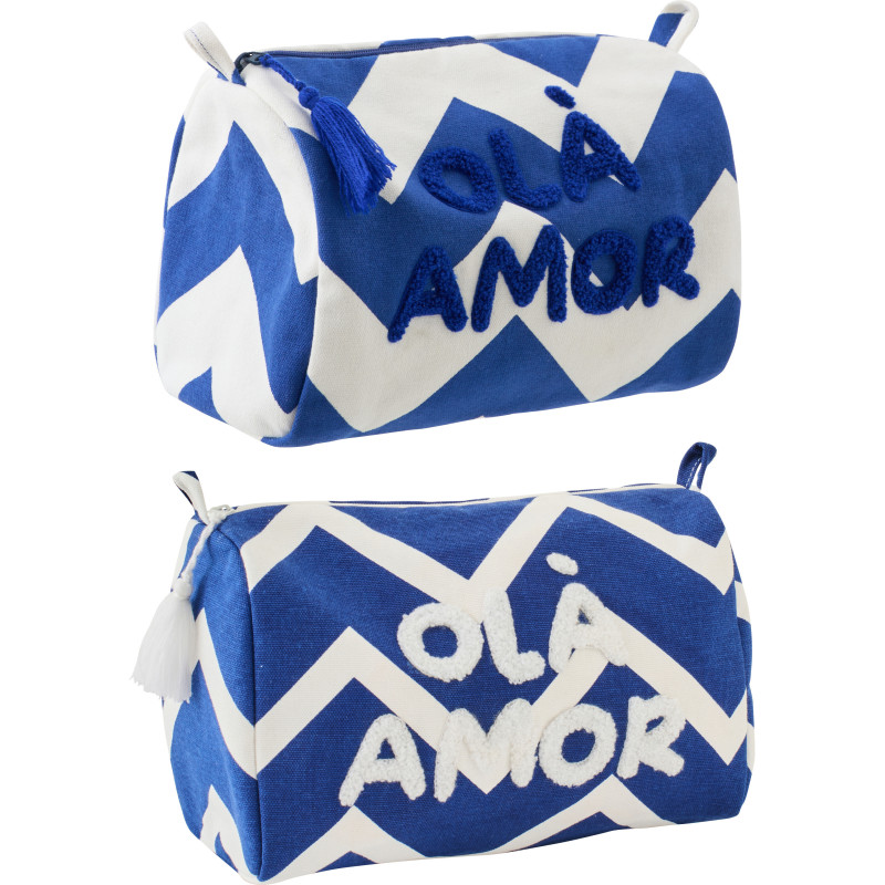 Lot de 2 Trousses de toilettes style méditérrannéen 22 cm Coton Bleu foncé Blanc Motif zigzag Ola Amor 