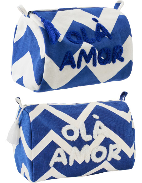 Lot de 2 Trousses de toilettes style méditérrannéen 22 cm Coton Bleu foncé Blanc Motif zigzag Ola Amor 