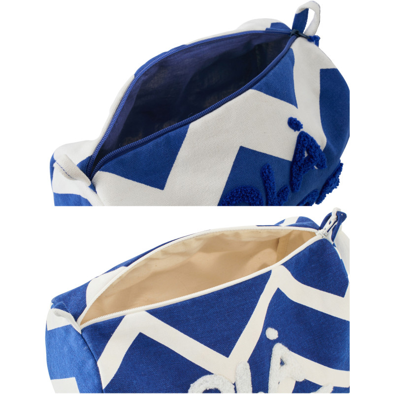 Lot de 2 Trousses de toilettes style méditérrannéen 22 cm Coton Bleu foncé Blanc Motif zigzag Ola Amor 
