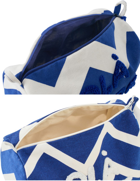 Lot de 2 Trousses de toilettes style méditérrannéen 22 cm Coton Bleu foncé Blanc Motif zigzag Ola Amor 