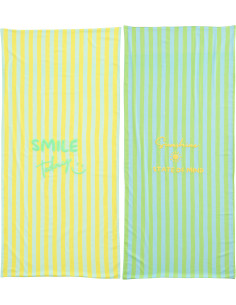 Lot de 2 Serviettes de plage style riviera italienne 80x180 Coton Jaune Vert Turquoise Motif rayures La Spaggia 