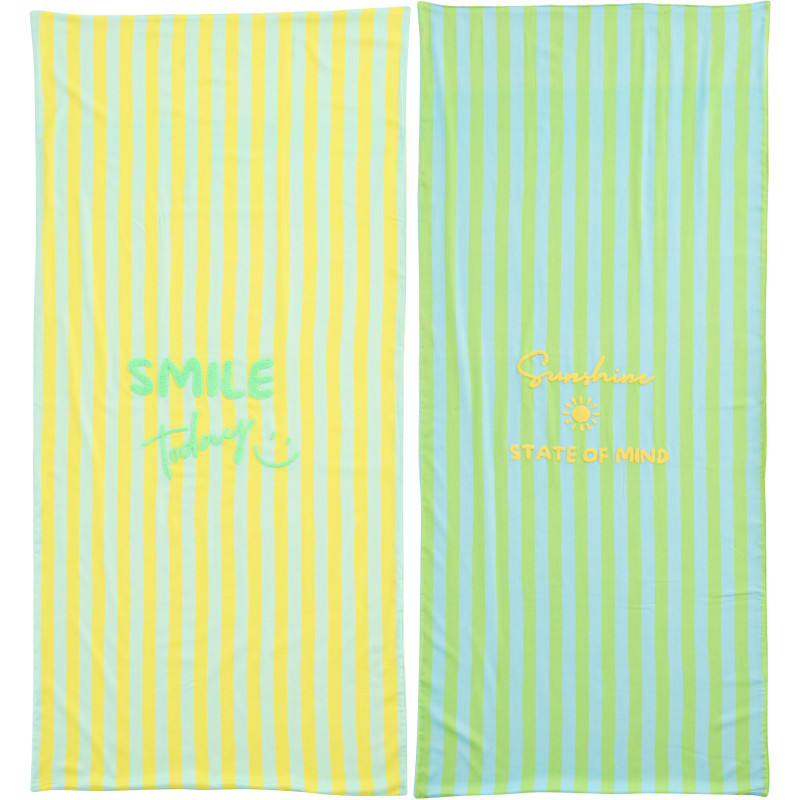 Lot de 2 Serviettes de plage style riviera italienne 80x180 Coton Jaune Vert Turquoise Motif rayures La Spaggia 