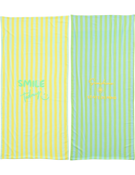 Lot de 2 Serviettes de plage style riviera italienne 80x180 Coton Jaune Vert Turquoise Motif rayures La Spaggia 