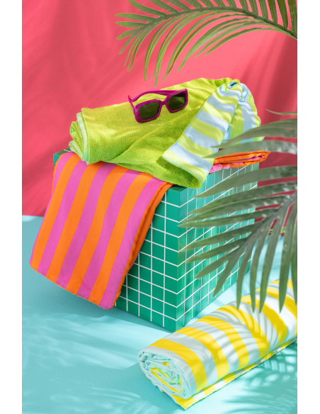 Lot de 2 Serviettes de plage style riviera italienne 80x180 Coton Jaune Vert Turquoise Motif rayures La Spaggia 