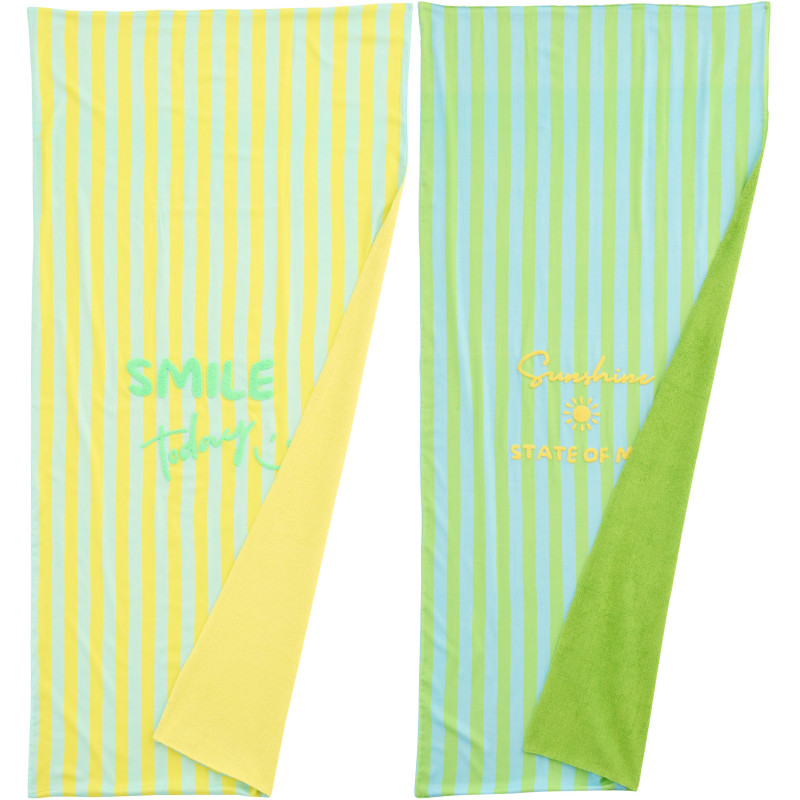 Lot de 2 Serviettes de plage style riviera italienne 80x180 Coton Jaune Vert Turquoise Motif rayures La Spaggia 