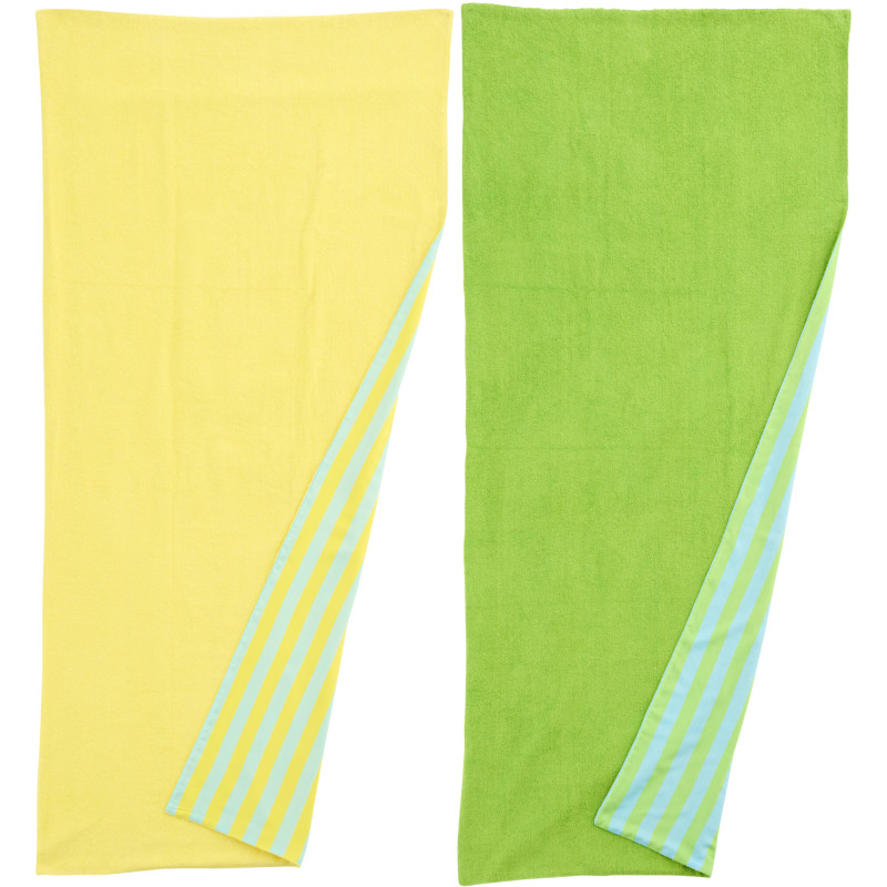 Lot de 2 Serviettes de plage style riviera italienne 80x180 Coton Jaune Vert Turquoise Motif rayures La Spaggia 