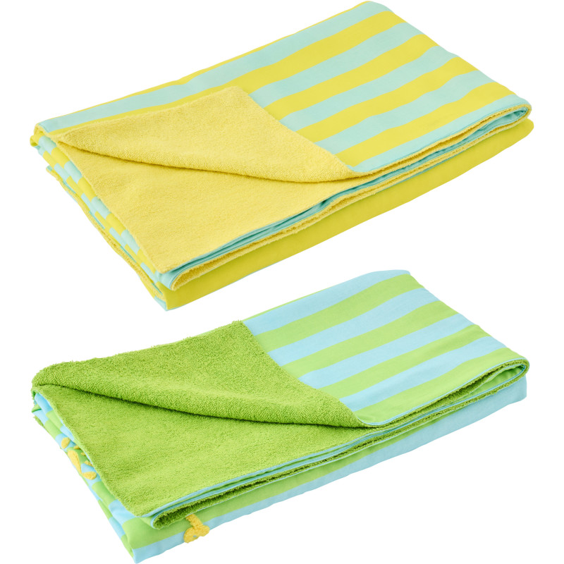 Lot de 2 Serviettes de plage style riviera italienne 80x180 Coton Jaune Vert Turquoise Motif rayures La Spaggia 