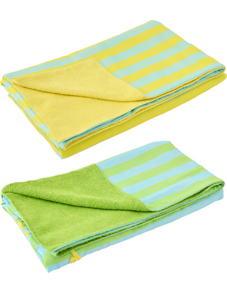 Lot de 2 Serviettes de plage style riviera italienne 80x180 Coton Jaune Vert Turquoise Motif rayures La Spaggia 