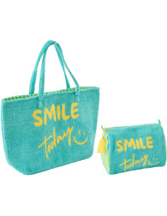Sac de plage avec trousse style riviera italienne Coton Jaune Turquoise Motif rayures La Spaggia 
