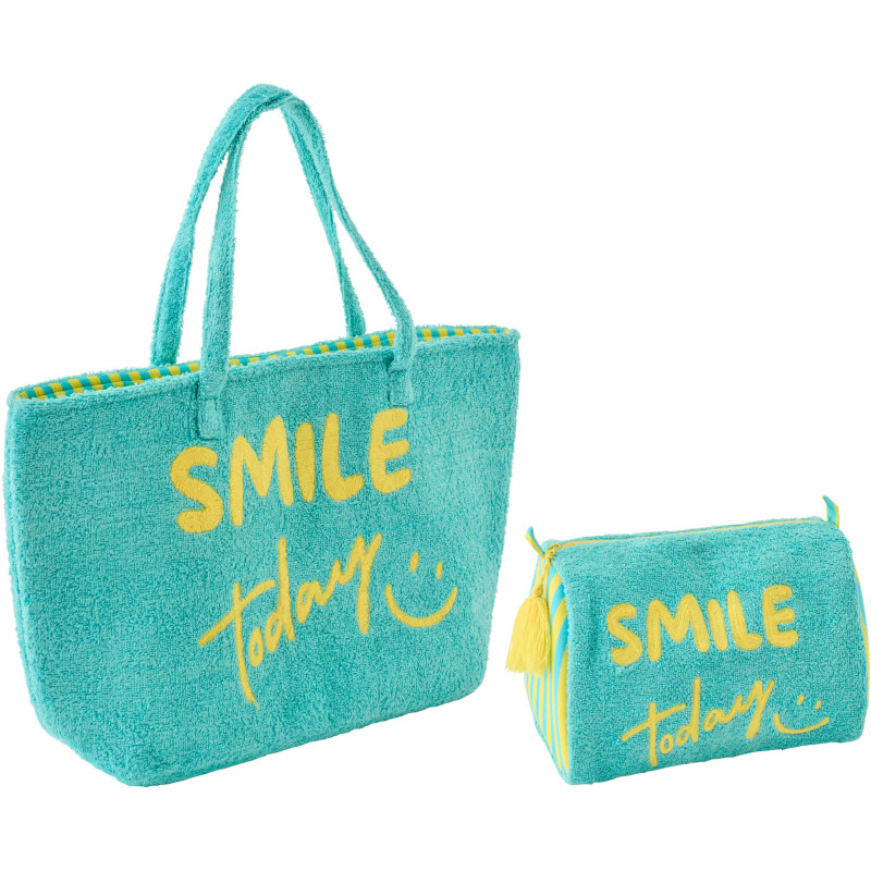 Sac de plage avec trousse style riviera italienne Coton Jaune Turquoise Motif rayures La Spaggia 