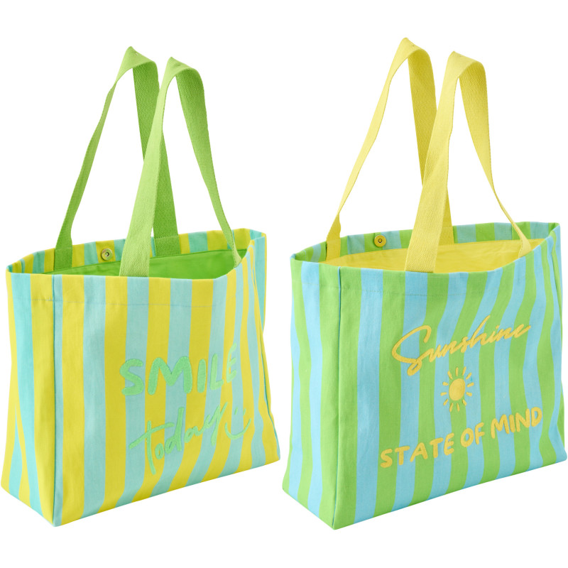 Lot de 2 Sacs de plage style riviera italienne 35 cm Coton Jaune Vert Turquoise Motif rayures La Spaggia 