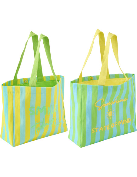 Lot de 2 Sacs de plage style riviera italienne 35 cm Coton Jaune Vert Turquoise Motif rayures La Spaggia 