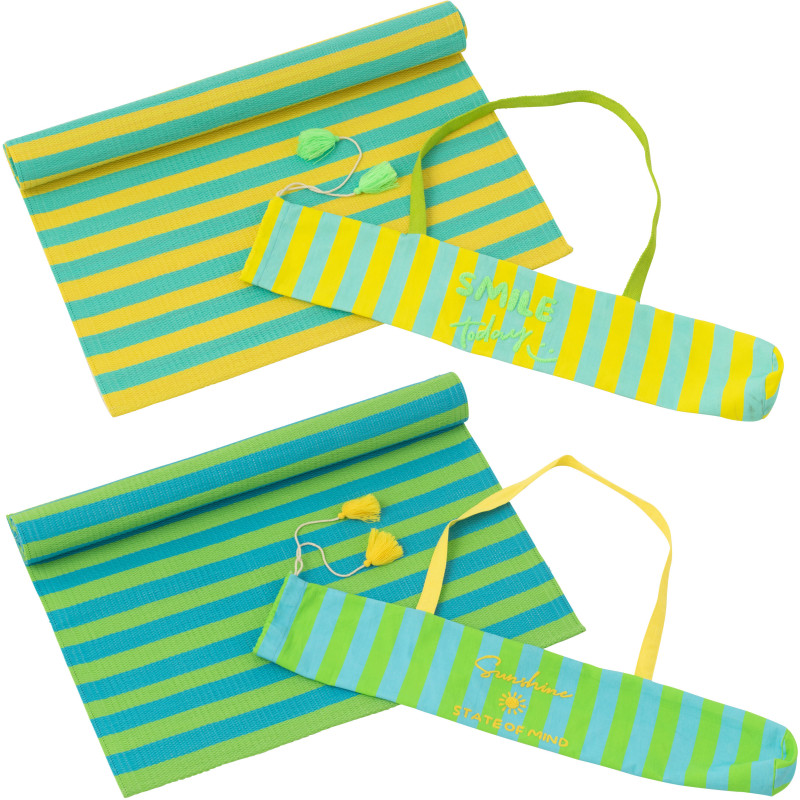 Lot de 2 Tapis de plage style riviera italienne Rectangulaire 70x150 Polypropylène Jaune Vert Turquoise Motif rayures La Spaggia